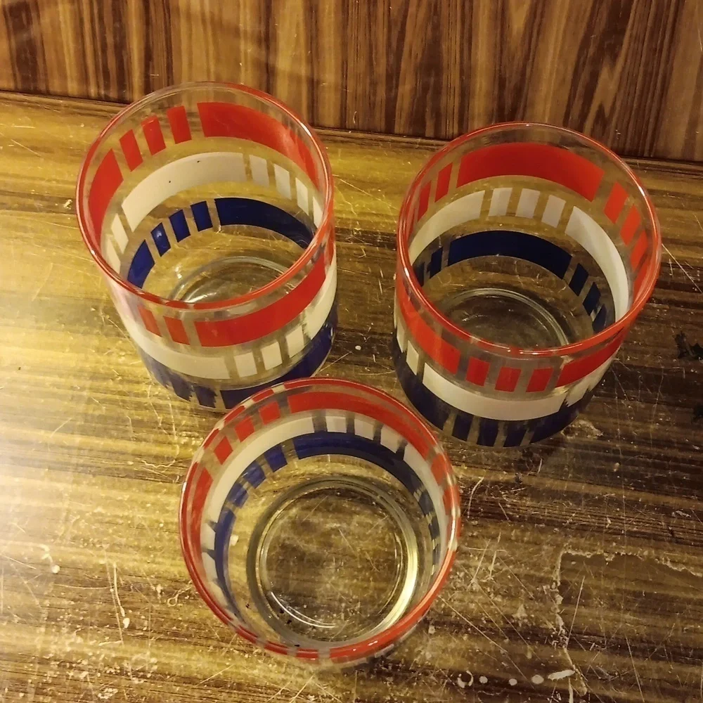 Vintage Libbey red white blue patriotic short tumblers lowball rocks barware